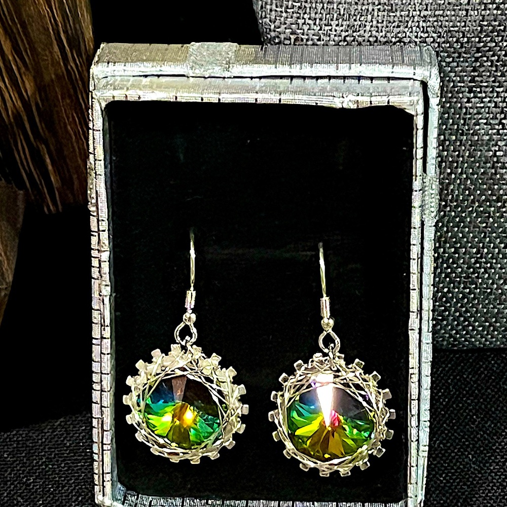 Handmade Wire Wrapped Swarovski Crystal Earrings in Sterling Silver and Copper